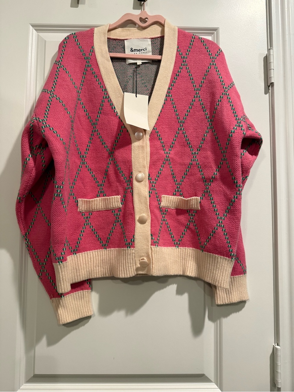 Cute Pink Argyle Cardigan with Cream Trim